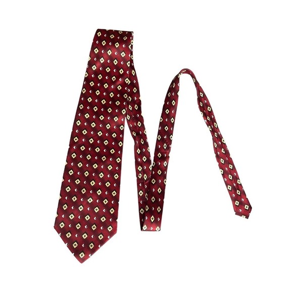 Baijian Men's Handmade Silk‎ Necktie 57 in X 4 in - Maroon Yellow Diamond Print - Picture 1 of 3